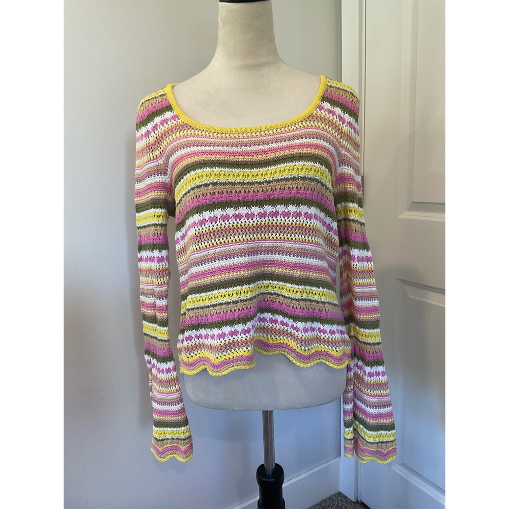 Boho 100% Cotton Striped Open Knit Crochet Sweater Cottagecore Jessica Simpson